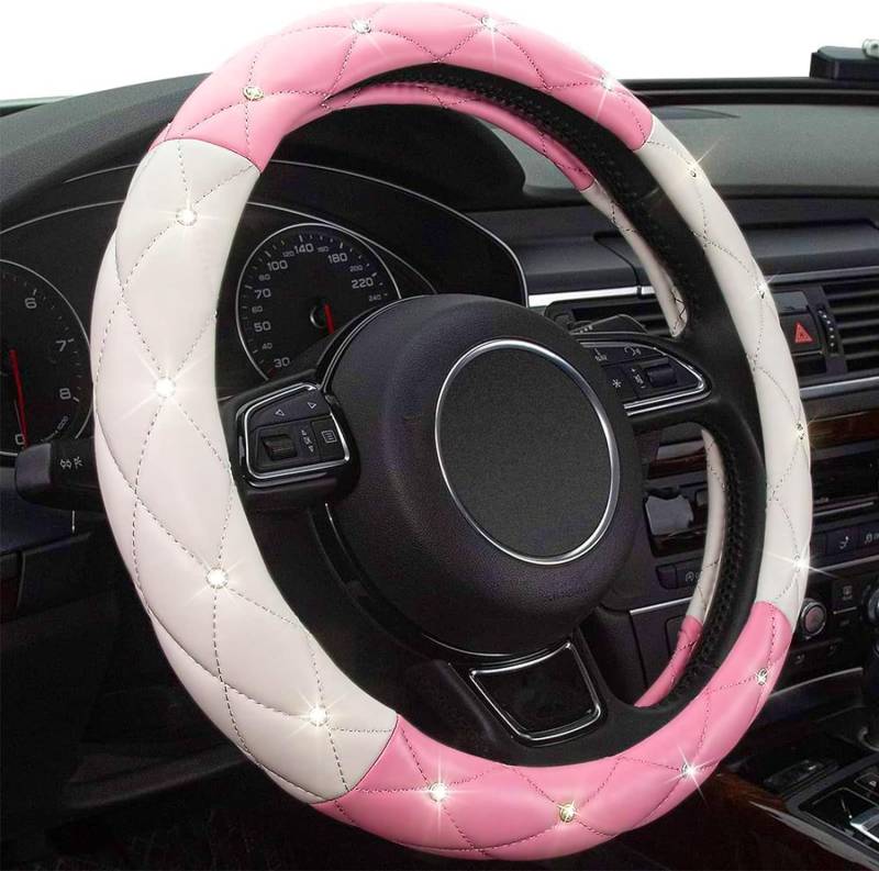 Mayco Bell Diamond Lenkradabdeckung für Damen, Leder Bling Cute Car Lenkradabdeckung Universal 15inch mit Crystal Diamond (Pink White) von Mayco Bell