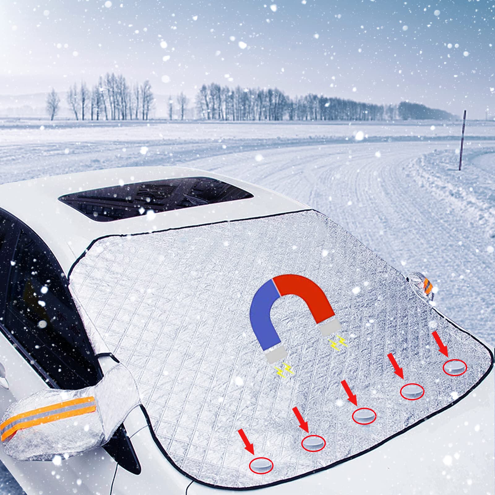 Windschutzscheibenabdeckung, 145 x 113CM Frontscheibenabdeckung Winter, Auto Abdeckplane Winter, Autoabdeckung Winter, Auto Winter Zubehoer Frostschutz mit 5 Magnete für Winter Staub Schneeschutz von Mecctuck