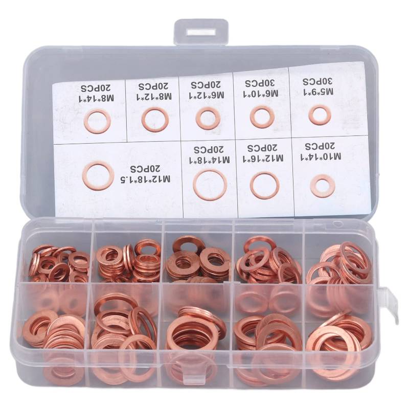 200pcs Ölablassschraube Dichtung Rotkupfer -Wärmebehandlung Kit 9 Typen Versiegelung Waschmaschine M5-14 für Autokontrollen von MechKit