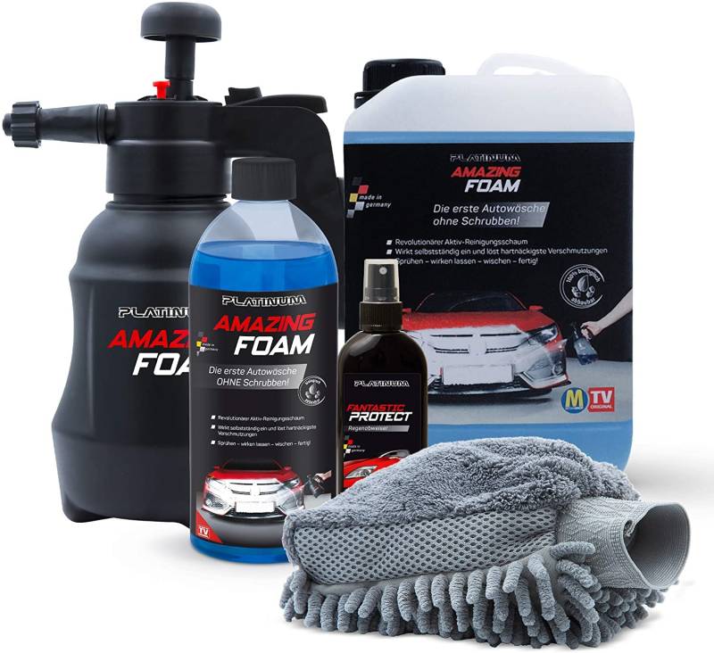 Platinum Amazing Foam Edition – Starter Set - Autowaschmittel & Autopflege – reinigt hartnäckigen Schmutz und verleiht Glanz – auch als Cockpit Reiniger – alle Oberflächen von Mediashop