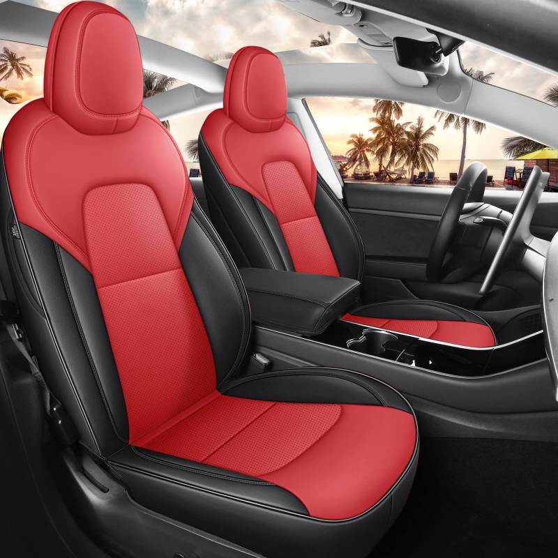 MeeKooMay Autositzbezug, Leder, vollständiges Set, Tesla-Modell 3 Schalensitzschutz für Vorder- und Rücksitzbezug, rutschfestes Design mit insgesamt 11 Stück (T3-rot + schwarz) von MeeKooMay