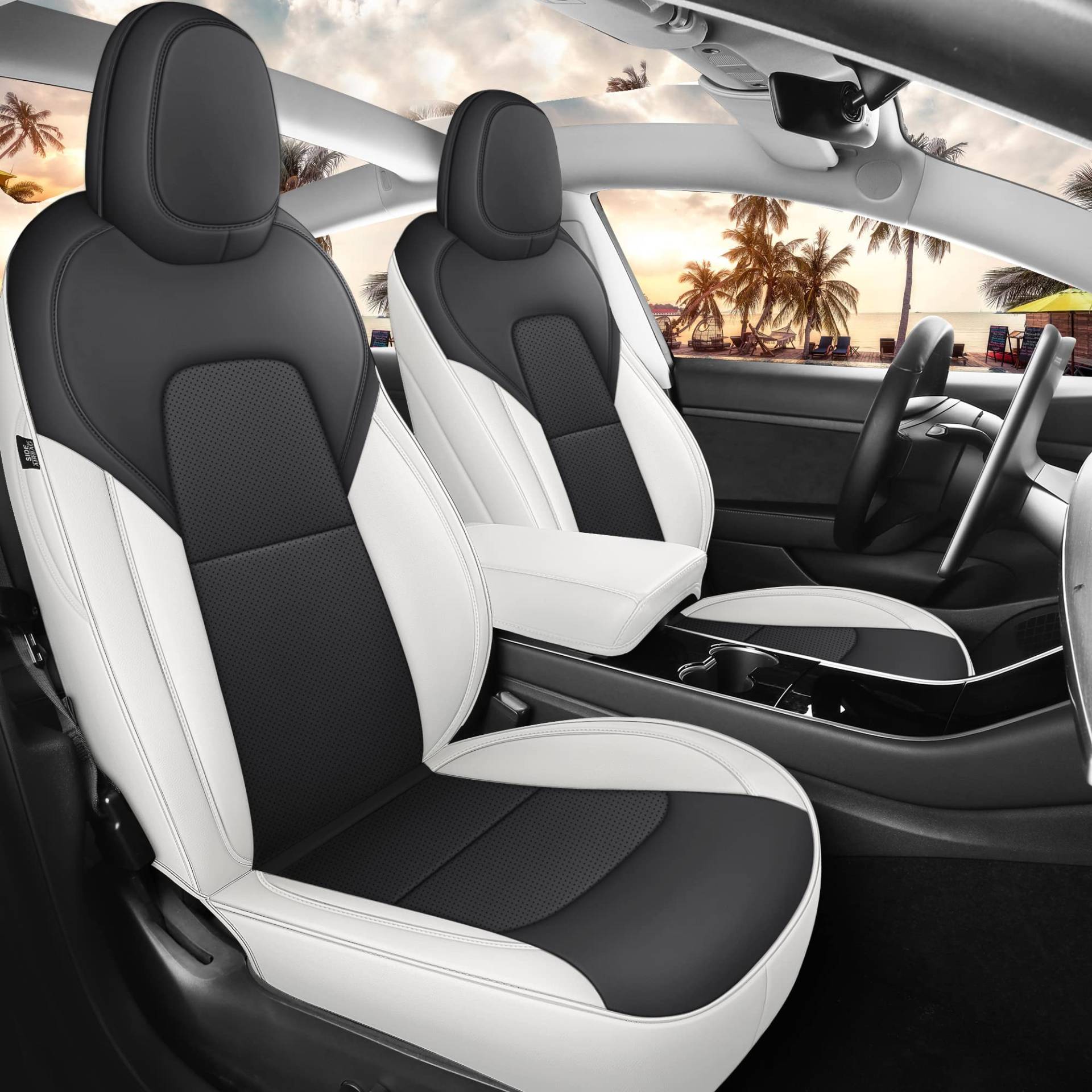 MeeKooMay Tesla Model 3 Sitzbezüge Schwarz und Weiß Autositzbezüge für Tesla Model 3 2017 2018 2019 2020 2021 2022 2023 2024Costom Wasserdicht Anti-Rutsch für Tesla Model 3 (T3-Schwarz+Weiß) von MeeKooMay