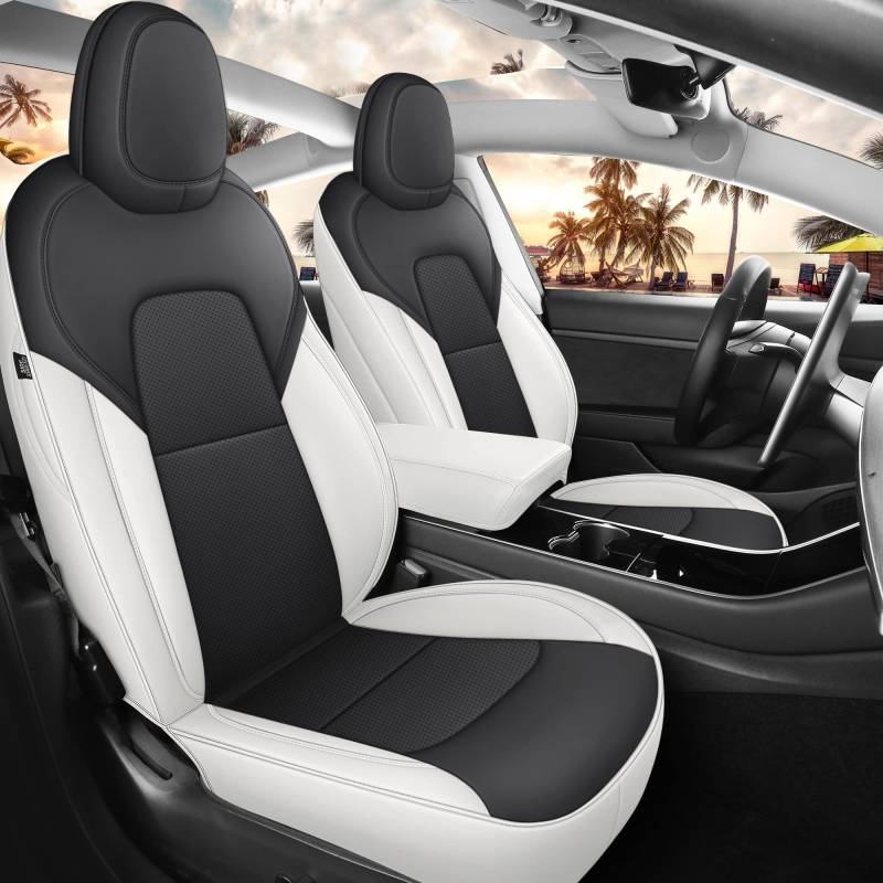 MeeKooMay Tesla Model 3 Sitzbezüge Schwarz und Weiß Autositzbezüge für Tesla Model 3 2017 2018 2019 2020 2021 2022 2023 2024Costom Wasserdicht Anti-Rutsch für Tesla Model 3 (T3-Schwarz+Weiß) von MeeKooMay