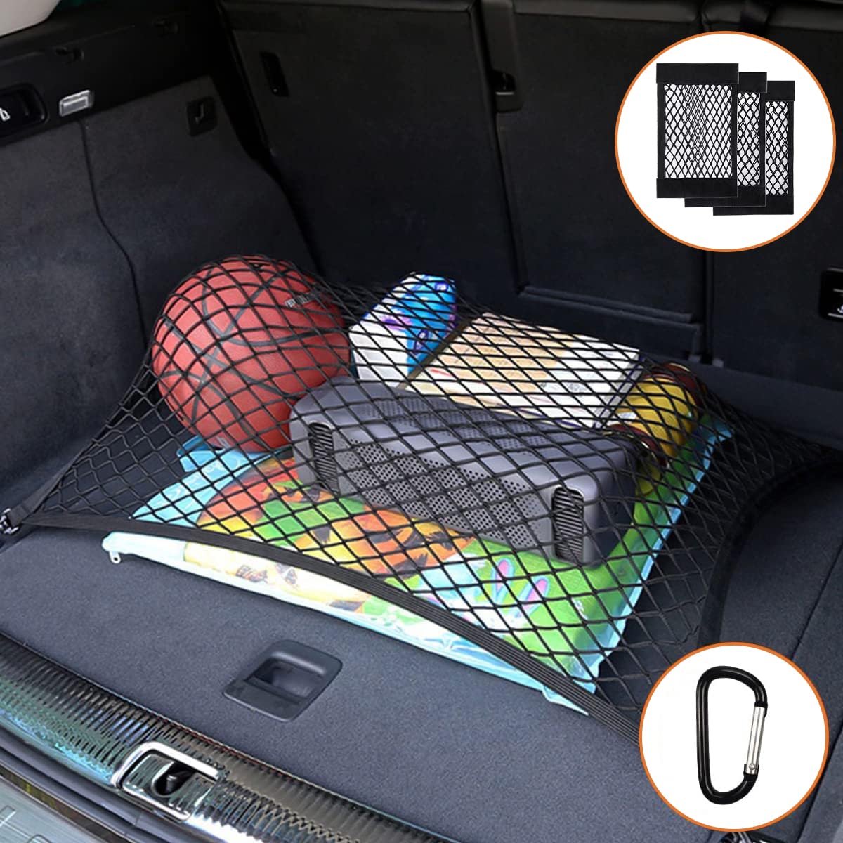 MeeLu Gepäcknetz Auto, Kofferraumnetz Erstreckt Sich auf 140x120cm, Aufbewahrung Organizer Netz für Kofferraum Autodach, Mit 6 Stahlkarabiner+4 ABS Haken, Mit 3 Kofferraum Netztasche von MeeLu