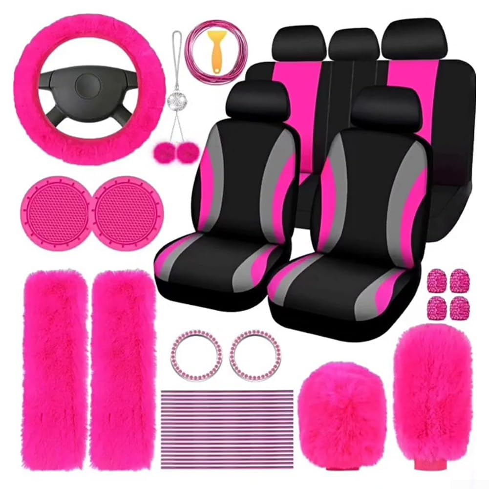 Umfassendes Auto-Zubehör-Set mit Plüsch-Lenkrad und Schalthebelbezügen für ultimativen Komfort (Rosarot) von MeevrgR