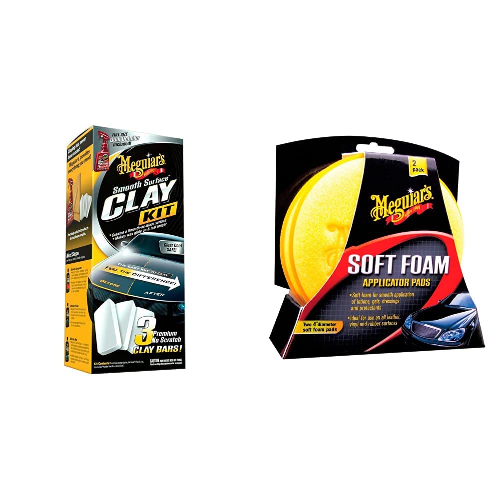 Meguiar's G191700EU Smooth Surface Clay Kit, Reinigungsknete im Set & X3070 Soft Foam Applicator Pads Auftragschwamm, 2er-Pack von Meguiar's