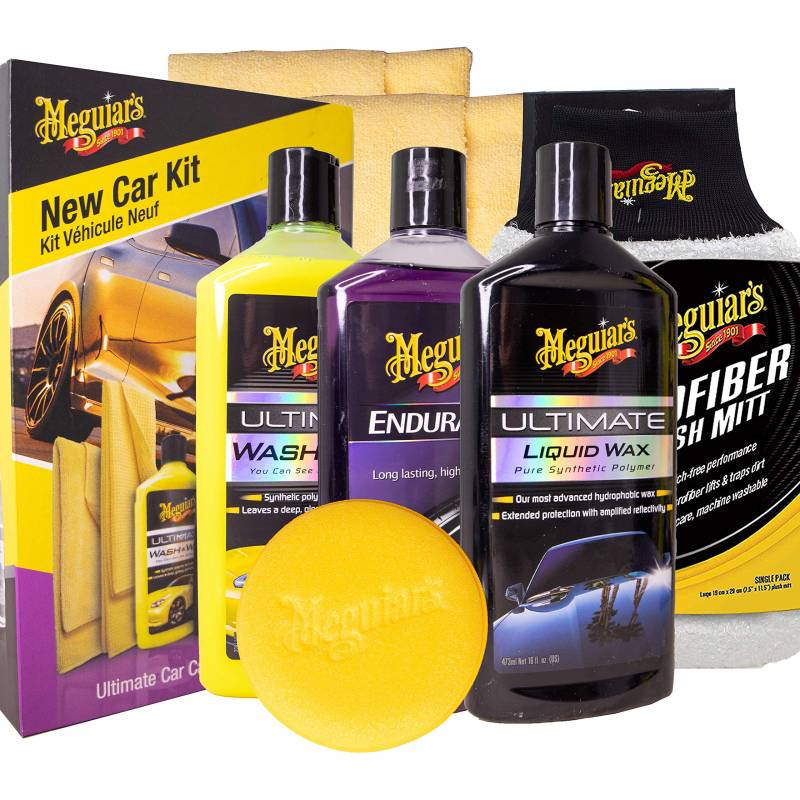 Meguiar's Brilliant Solutions New Car Kit - Ultimate Wash und Wax, Flüssigwachs, Hochglanz-Reifengel und Mikrofasertücher von Meguiar's