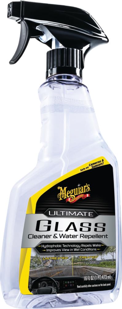 Meguiar's® Ultimativer Glasreiniger - Premium Glas- und Fensterreiniger für schnelles Reinigen mit hydrophober Technologie, die als Regenabweiser wirkt und die Sicht bei Regen verbessert - 473 ml von Meguiar's