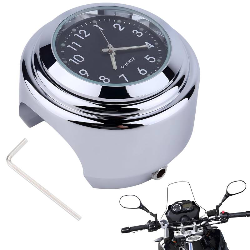 Uhr für Motorradlenker, Universal Motorrad Lenker Uhr, Motorrad Fahrrad Chrom Wasserdicht Zifferblatt Lenker Uhr Glow Watch Black Shell & Silver Base von Mein HERZ