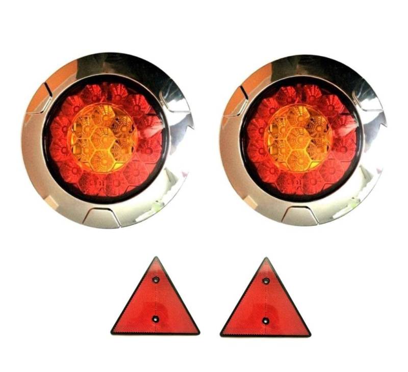 MelTruck® 2x 3-funktionale LED Rückleuchte Chrom 12V 24V Rund m. Dreiecke f. LKW PKW Anhänger von MelTruck