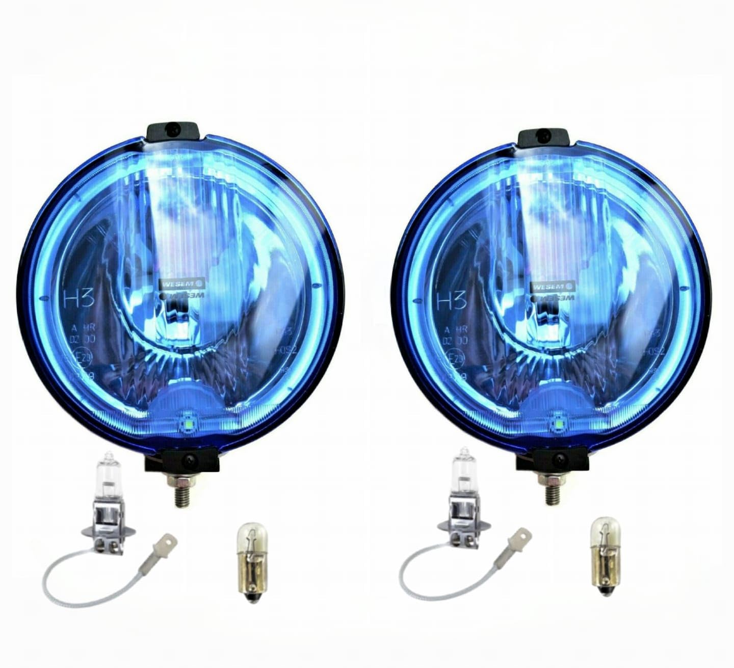 MelTruck® 2x LED Ring Fernscheinwerf Blau Rund Halogen 12V 24V E20 mit 12V Positionsleuchte mit Glühbirnen von MelTruck