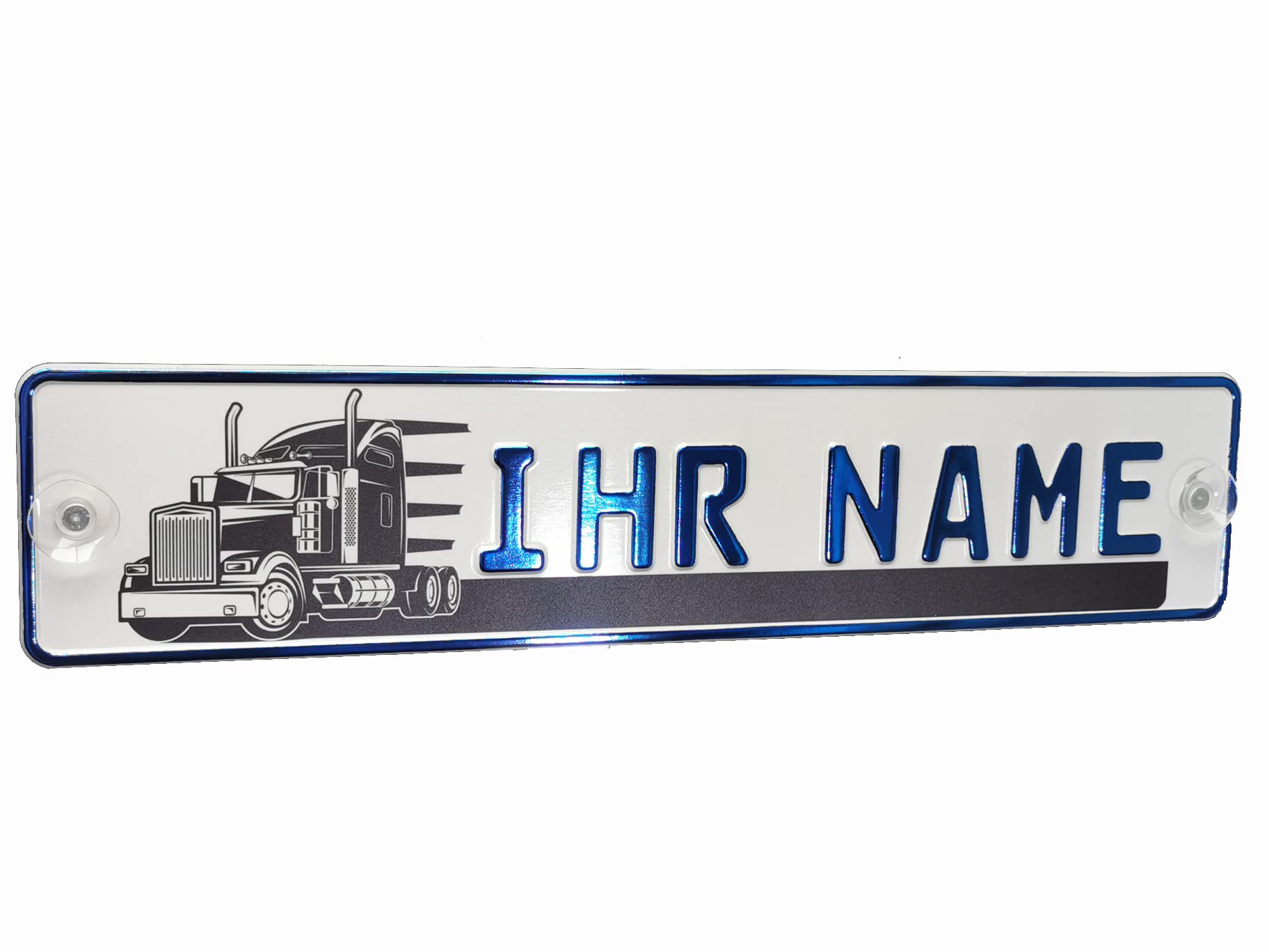 LKW Truck Fahrerschild Schild Namensschild Name oder Text Funschild Fun Schild Wunschtext Auto Trucker Car, mit LKW Trucker Design (Schriftfarbe Blau Metallic) von Melsaro
