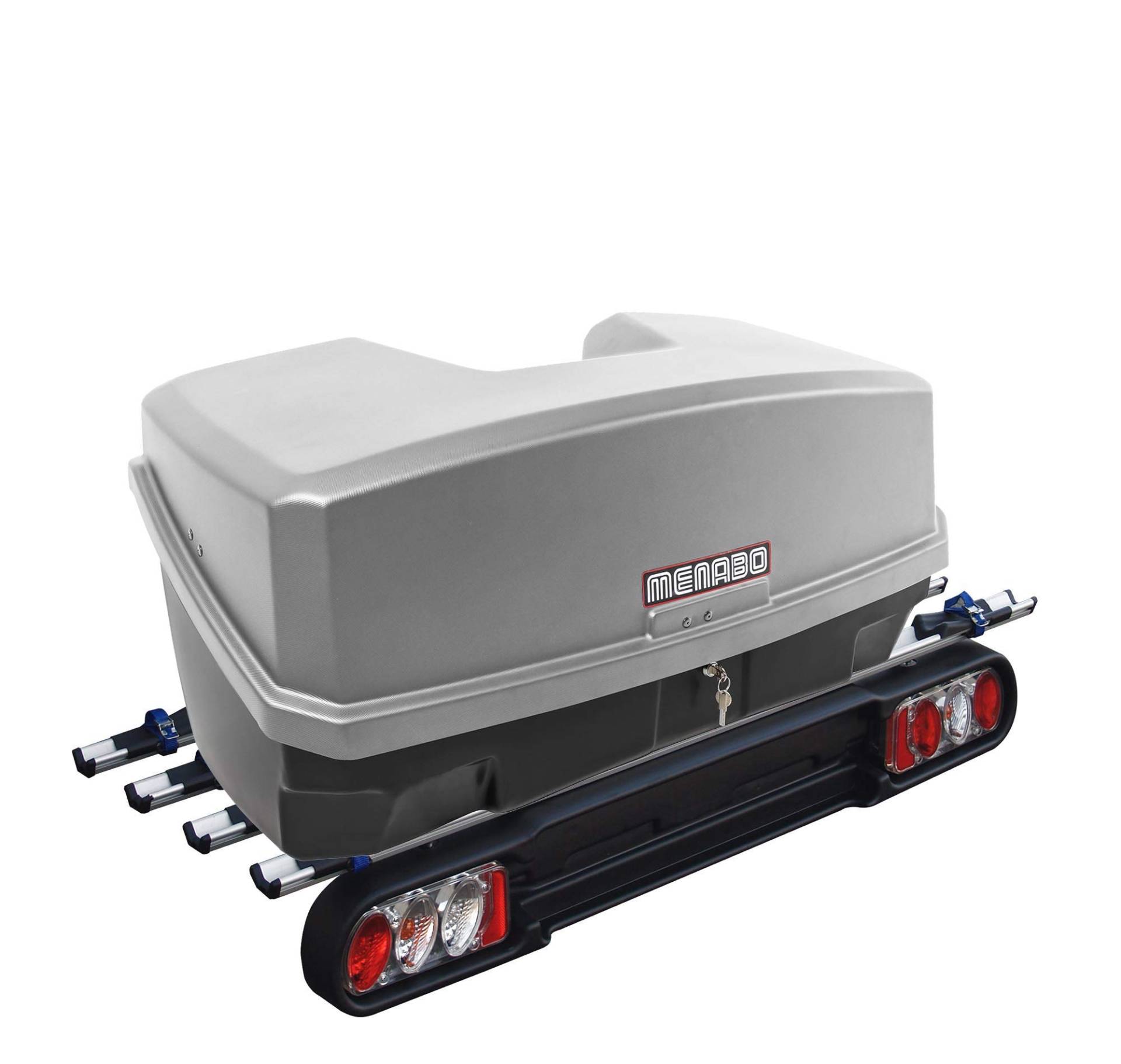 Menabo Kupplungsträger Heckträger Race 4 für 4 Räder + Transportbox Nekkar 300 Liter Silber von Ménabo