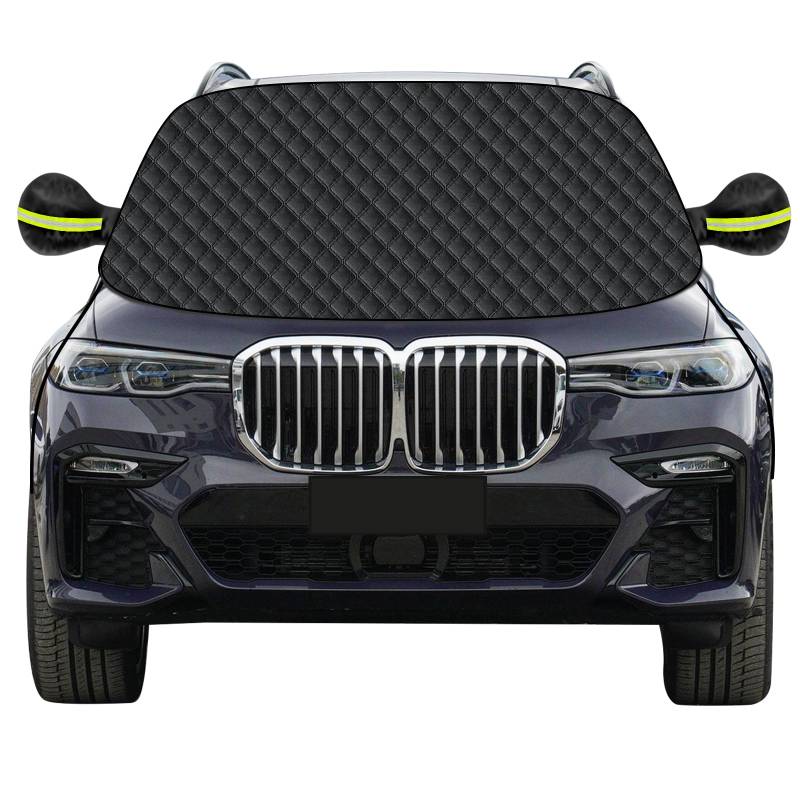 Mengine Frontscheibenabdeckung, Auto Windschutzscheibe Abdeckung mit 9 Versteckten Magneten,Haken und Seitenflügel Spiegel,Eisschutzfolien Frost Guard Fit für Autos und SUVs (Schwarz, 157 * 126cm) von Mengine