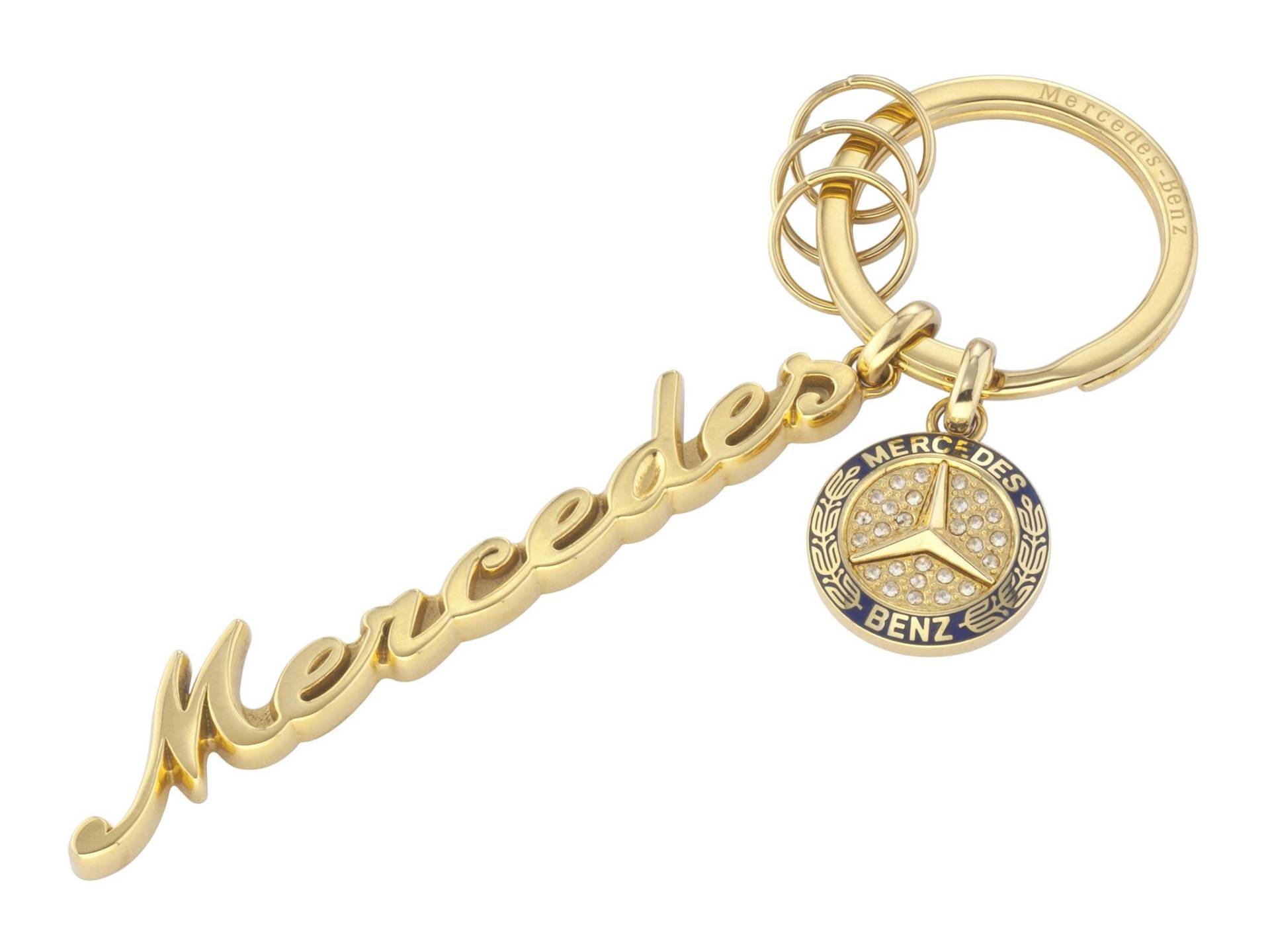 Mercedes-Benz Schlüsselanhänger | Mercedes Classic Schriftzug | goldfarben/blau | Edelstahl von Mercedes-Benz