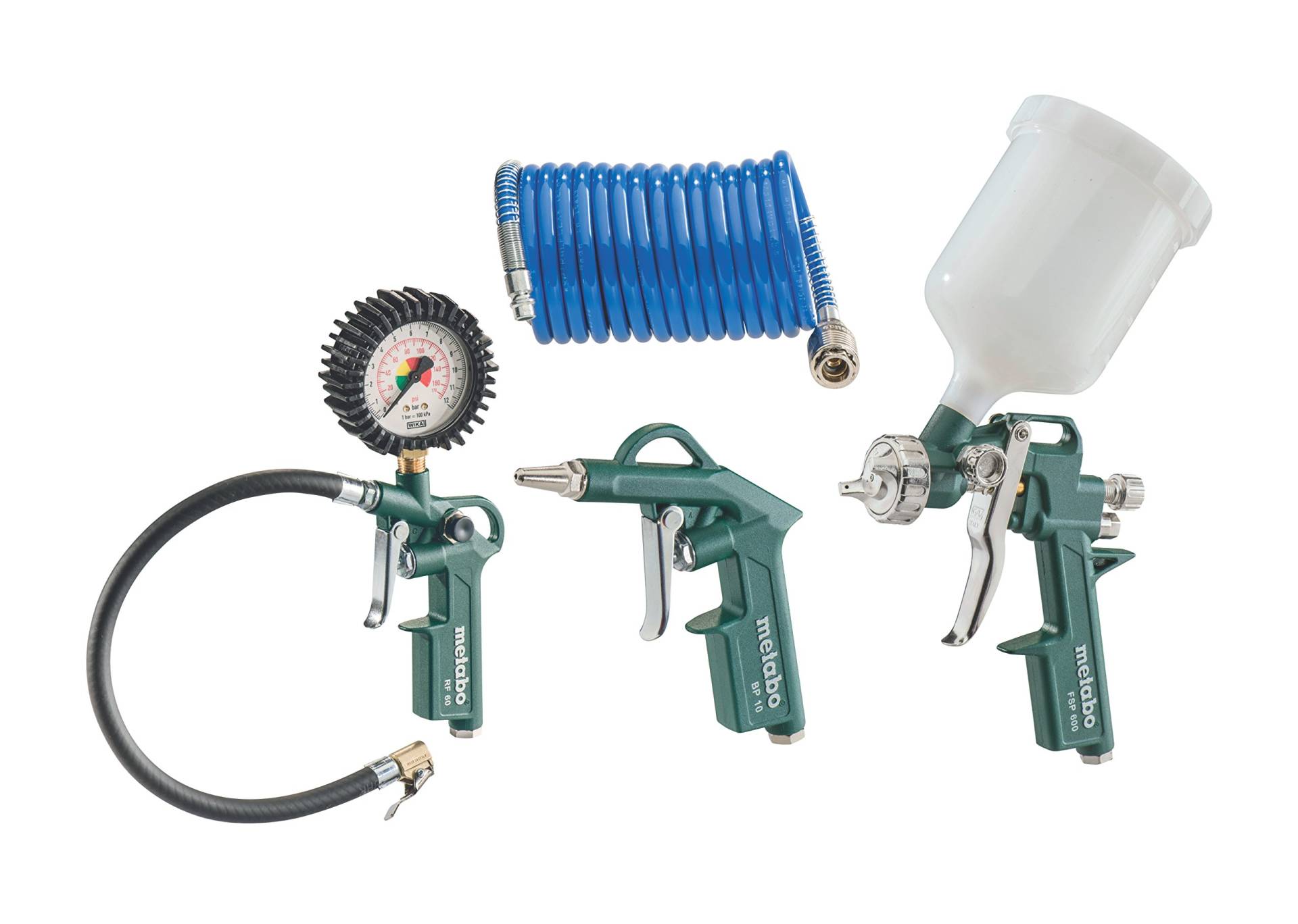 Metabo Druckluft-Werkzeugset LPZ 4 Set (601585000) im Karton bestehend aus Blaspistole, Reifenfüllmessgerät, Farbspritzpistole mit Fließbecher und PA-Spiralschlauch von Metabo