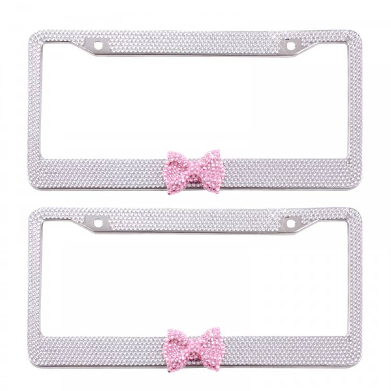 2 STÜCKE Kennzeichenhalter,Strass Edelstahl Nummernschildrahmen Glitzernder Rostfrei Nummernschildhalter mit Strasssteinen Schleife für Universalfahrzeuge SUV LKW von MiOYOOW