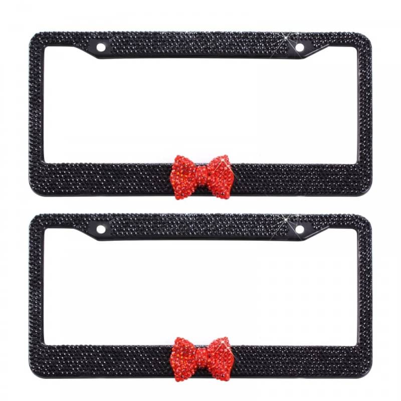 MiOYOOW 2 STÜCKE Kennzeichenhalter,Strass Edelstahl Nummernschildrahmen Glitzernder Rostfrei Nummernschildhalter mit Strasssteinen Schleife für Universalfahrzeuge SUV LKW von MiOYOOW