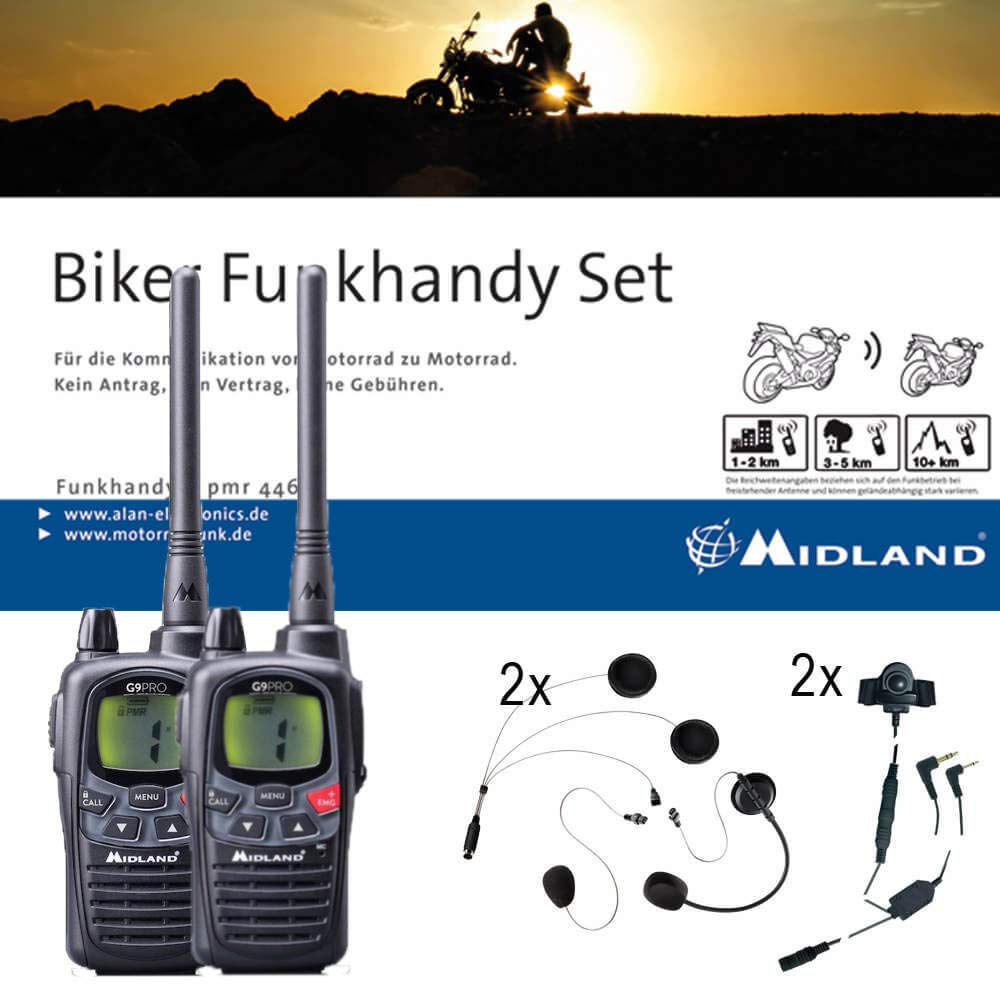 Midland G9 Pro Biker Set C923.S1, 2 x G9 Pro Funkgeräte mit Headsets für Helme, wasserfeste Walkie Talkies mit Notruftaste, 1800 mAh Akkus, 18 Stunden Akkulaufzeit, 12 km Reichweite von Midland