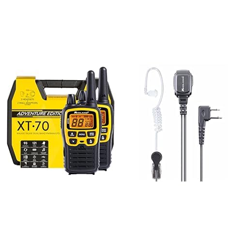 Midland XT70 Adventure PMR-Walkie Talkie Kofferset, 2X Funkgeräte mit bis zu 12 km Reichweite & MA 31-L Pro Security Headset, C1497, mit Vox/PTT Umschaltung und 90 Grad Stecker (L-Type) von Midland