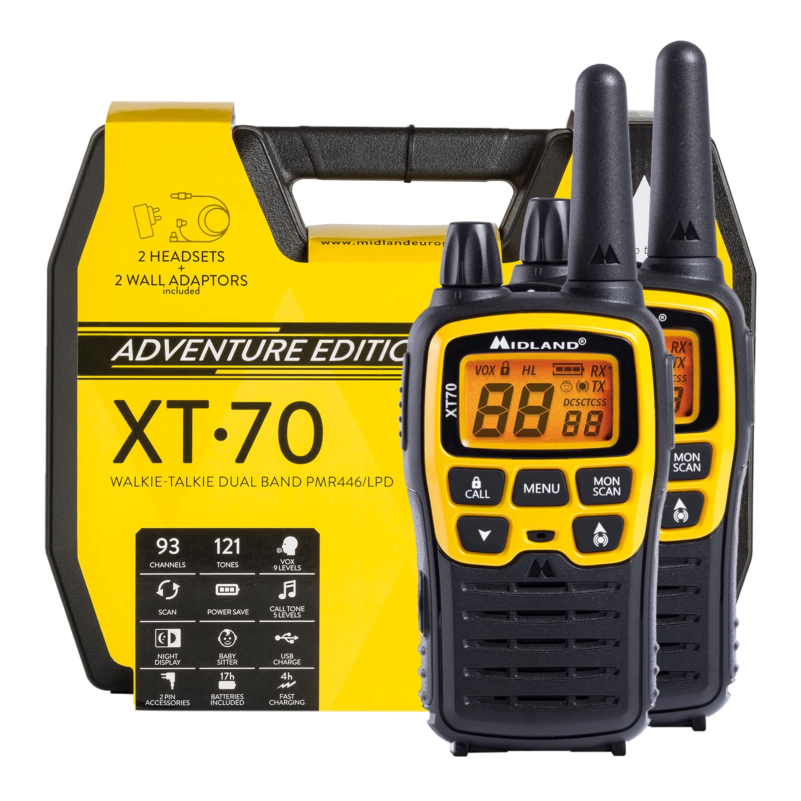 Midland XT70 Adventure PMR-Walkie Talkie Kofferset, 2x Funkgeräte mit bis zu 12 km Reichweite, mit LCD-Display und Micro-USB-Ladebuchse, für Kinder und Outdoor von Midland