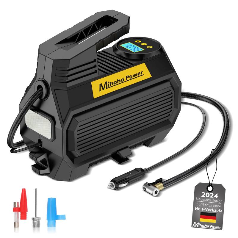 Mihoho Elektrische Luftpumpe, Kompressor Tragbar Reifenpumpe mit digitaler LED-Anzeige und Druckprüfung für Autos, Fahrräder, Motorräder (schwarz) von Mihoho