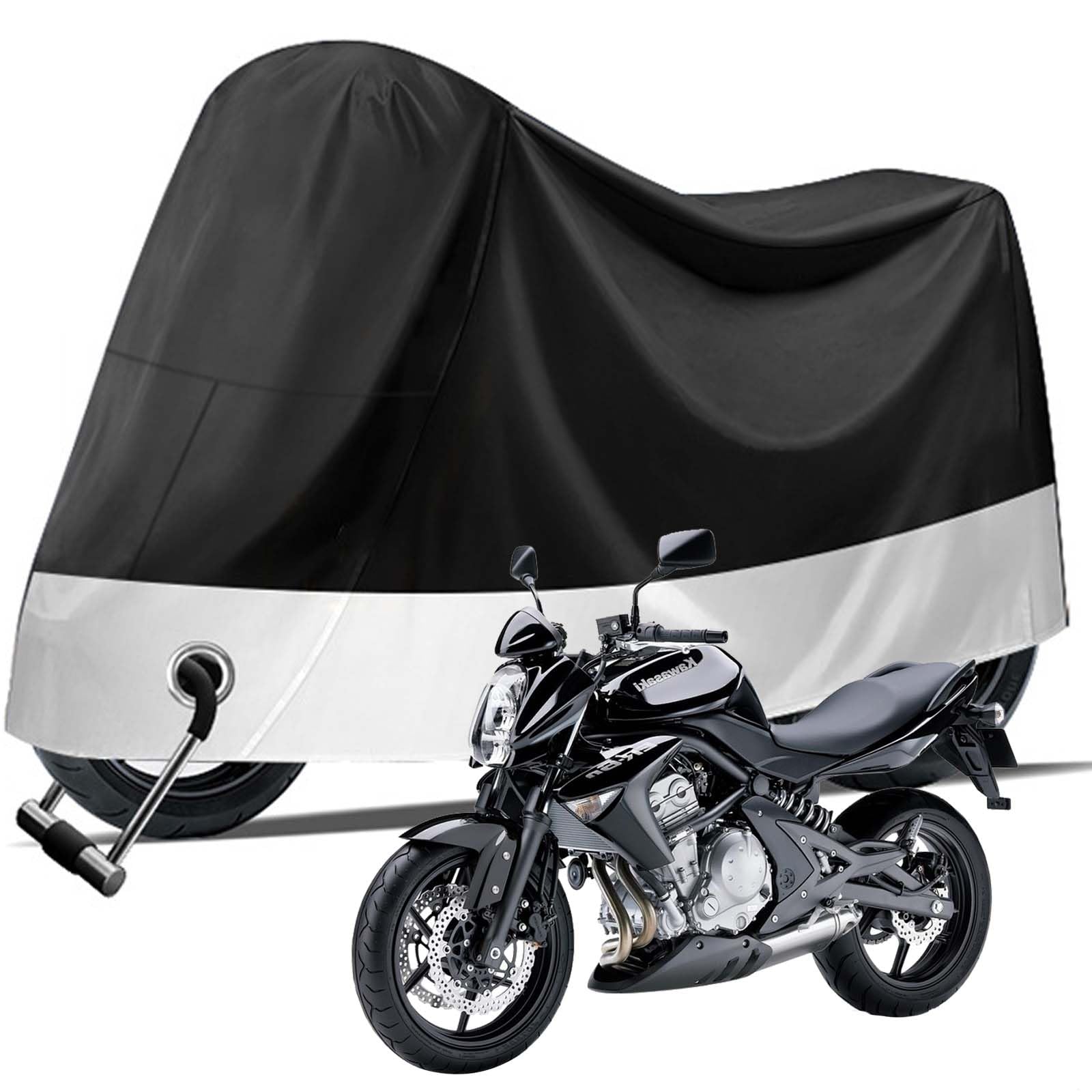 Motorrad Abdeckplane Outdoor, 190T Polyester Motorradabdeckung Wasserdicht Staubdicht UV-Schutz mit Schlossloch, Motorradplane Fahrrad Motorrad Garage Plane Indoor, XL Schwarz Silber, 230 * 90 * 125CM von Mikihat