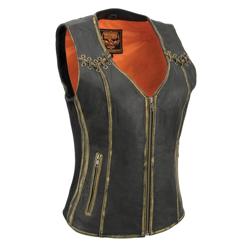 Milwaukee Leather - Damen-Lederweste mit Schulter- und Rückenschnürung, Used-Look, braun. von Milwaukee Leather
