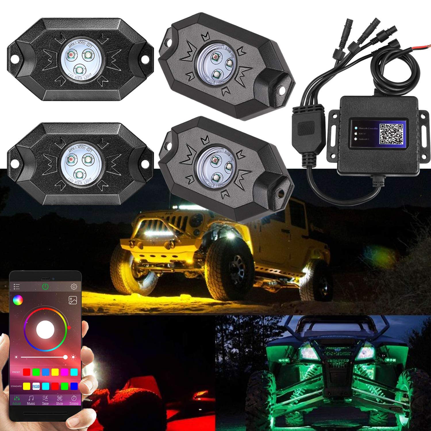 2nd-Gen RGB LED Rock Lights with Bluetooth Controller, Timing Function,Music Mode - 4 Pods Multicolor Neon LED Light Kit von Miners2000