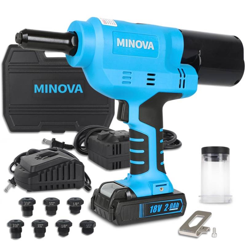 Minova Akku-Blindnietmuttern-Setzgerät, tragbares 18V Lithium-Ionen-Elektroautomatisches Bürstenloses Blindnieten-Werkzeug für Nieten von 2.4mm/3.2mm/4.0mm/4.8mm (Corded/Cordless) von Minova