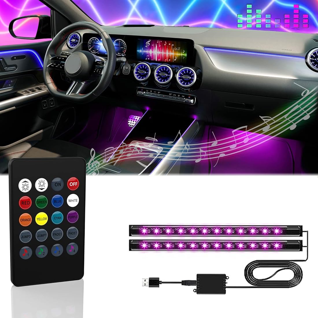 Auto LED Innenbeleuchtung,RGB Innenbeleuchtung,8 Farben Auto Atmosphärenbeleuchtung,Auto LED Streifenlicht mit Synchronisierungsmusik,USB Auto LED Leuchten. von Minsezhi
