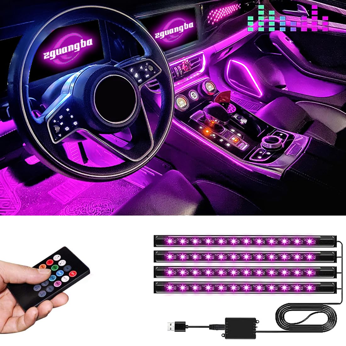 Auto-LED-Innenbeleuchtung,RGB-Innenbeleuchtung,Auto-LED-Lichtleiste mit 8 Farben,Auto-Atmosphärenlichtern,Auto-Musik-Sound-aktivierte Beleuchtung. von Minsezhi