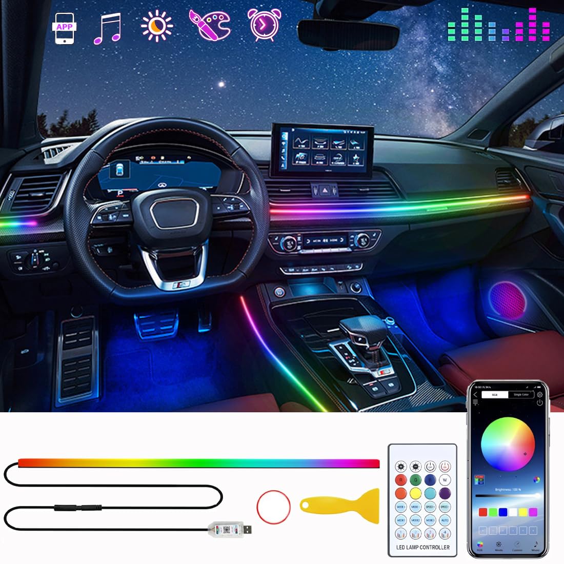 Auto LED Innenlichtstreifen,Acryl Innenraum LED Lichtstreifen,Auto Atmosphärenlichter,Auto LED Lichter,Auto Innenraum Umgebungslichter,Innen RGB Lichter,APP-Steuerung Musiksynchronisation. von Minsezhi