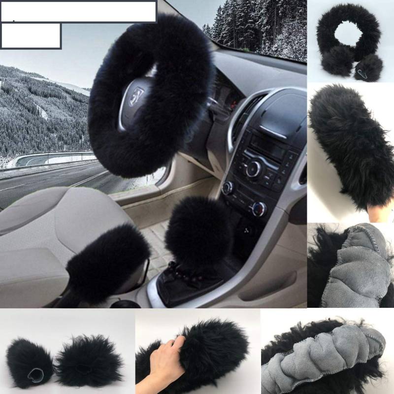 Mioke 3 stück plüsch lenkradbezüge kit 100% wolle winter warm fluffy radabdeckung kein geruch nicht beleg anti shedding mit handbremse schaltknauf cover universal 37 39cm von Mioke