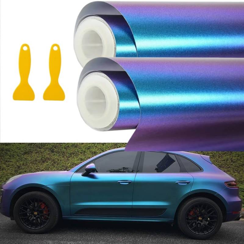 Lackschutzfolien für Auto,2Rolls 30 * 152cm Auto Folien Selbstklebend Flexibel Auto Shutz Chamäleon FolieLila zu Blau, die Farbe ändert von Guangyu