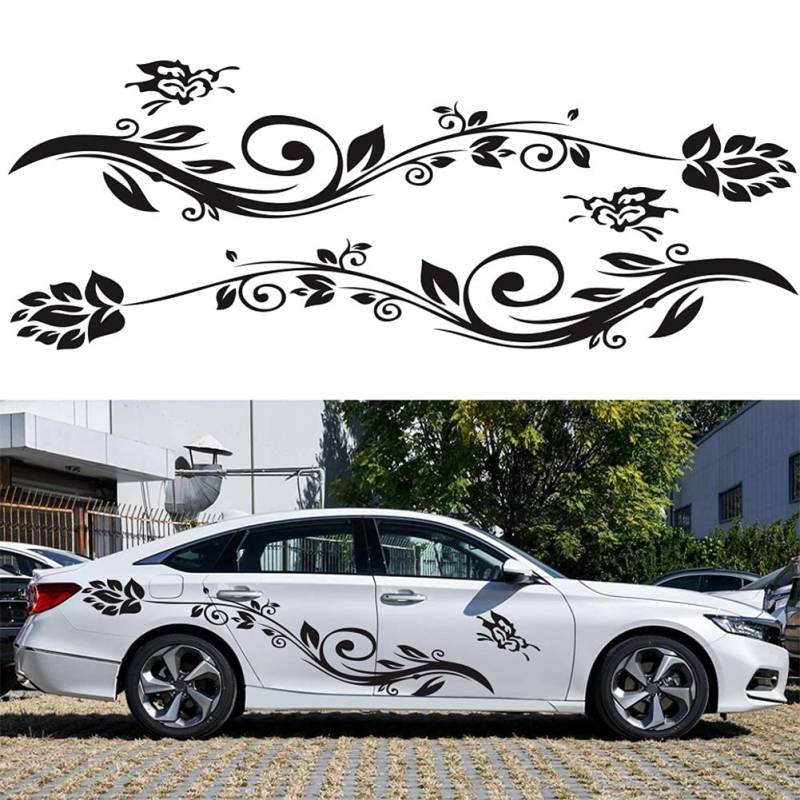 Mioloe Karosserie Aufkleber Motorhaube Streifen Schmetterling und Blumengrafik Vinyl Auto Seitentür Röcke Dekoration Universal, 180x37 cm (Schwarz) von MIOLOE