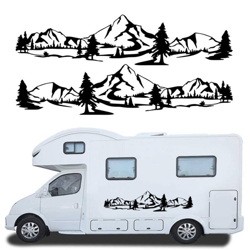 Mioloe Wohnmobil Wohnwagen Aufkleber 2 x Berge Umriss Schweller Gebirge mit Wald Abenteuer Urlaub wandern Camping ca 150cm (Schwarz) von Mioloe