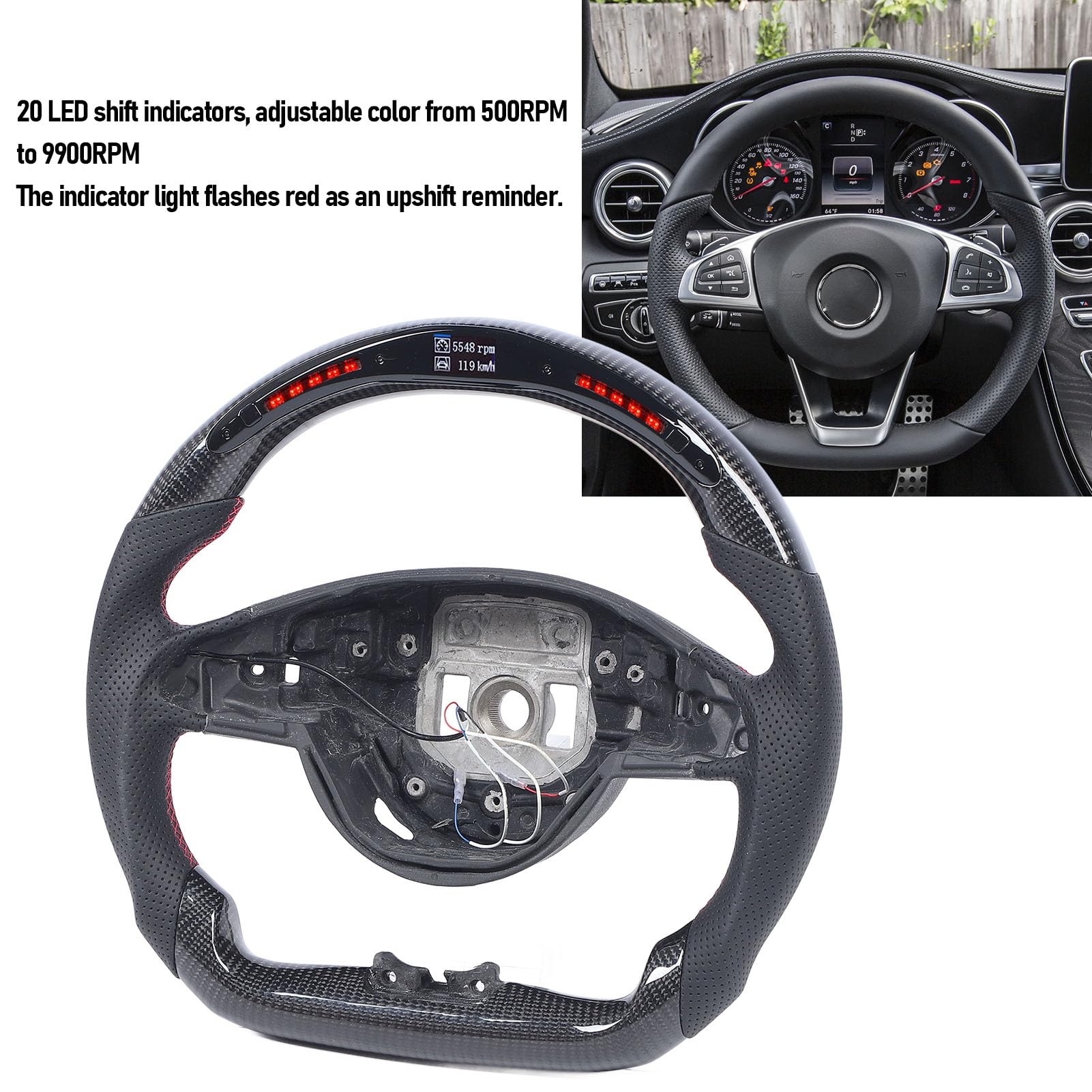Lenkrad aus echtem Carbon, LED-Schaltanzeige, Rennsportanzeige, Lenkrad aus perforiertem Leder mit abgeflachter Unterseite, Autolenkrad Lenkrad aus echtem Carbon, LED-Schaltanzeige, Rennsportanzeige, Lenkrad aus perforiertem Leder mit abgeflachter Unterseite, Autolenkrad von Miskall