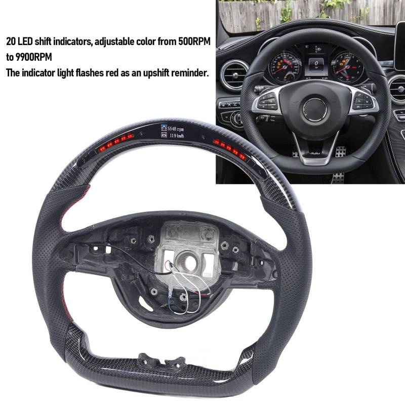 Lenkrad aus echtem Carbon, LED-Schaltanzeige, Rennsportanzeige, Lenkrad aus perforiertem Leder mit abgeflachter Unterseite, Autolenkrad von Miskall