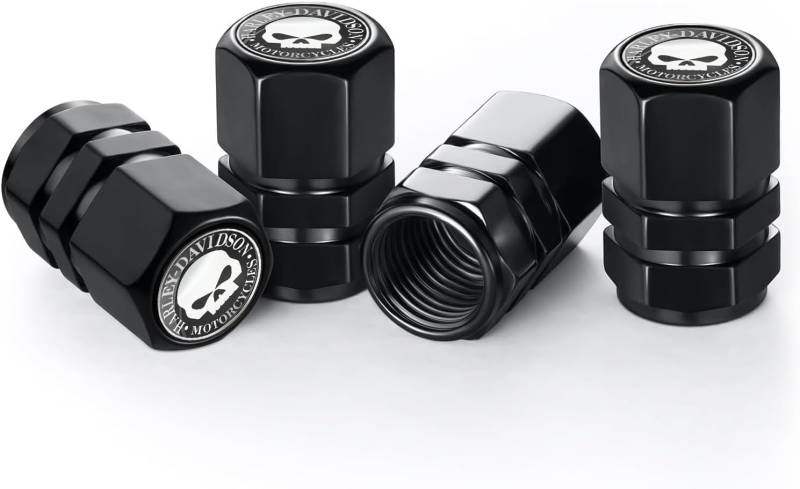 Misuyue Ventilkappen Auto 4er Set, Metall Autoventil Kappe mit Gummiringdichtung, Ha-rley Muster Autoreifen Ventilkappen für Motorrad Fahrrad PKW SUV UVM, Reifenventilkappen (Schwarz) von Misuyue