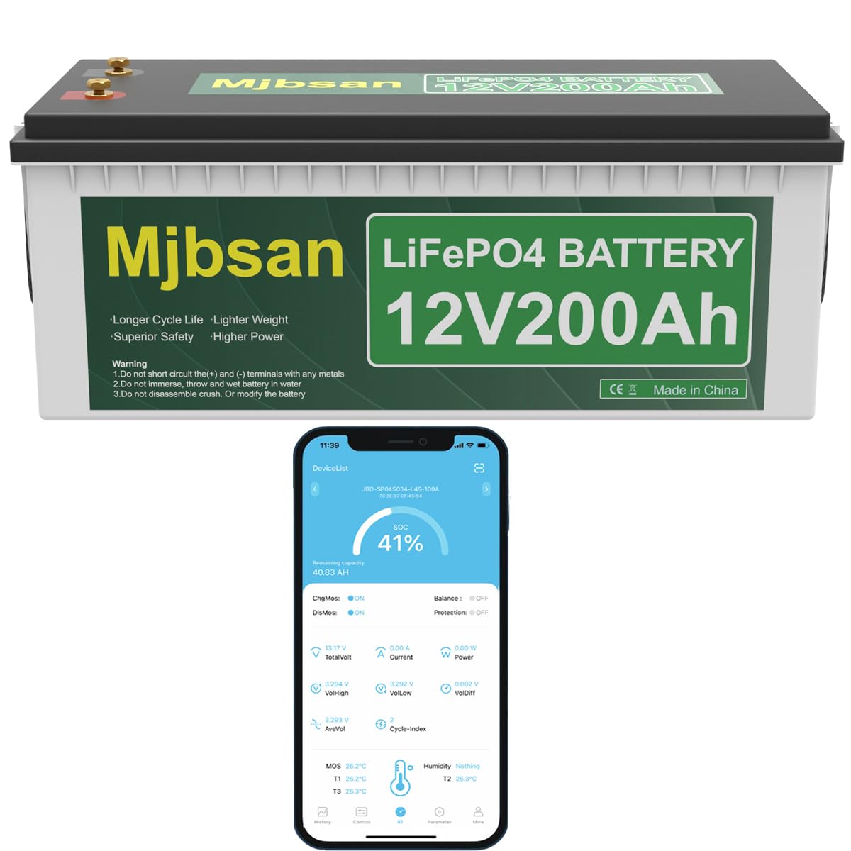 Mjbsan lifepo4 200ah Bluetooth LiFePO4 Autobatterie Eingebauter 200A BMS, 2560Wh Deep Cycle Lithium Batterie, 8000+ Zyklen, Ideal für Wohnmobil, Solar Trailer, Boot und Camping von Mjbsan
