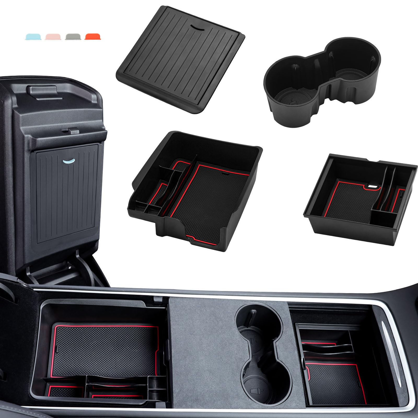 MoKo 4er-Pack Mittelkonsole Aufbewahrungsbox für Model 3 Model Y 2023 2022 2021, Beflockt Versteckt Armlehne Organizer Tablett, Getränkehalter, Auto Aufbewahrungsbox, Schwarz von MoKo