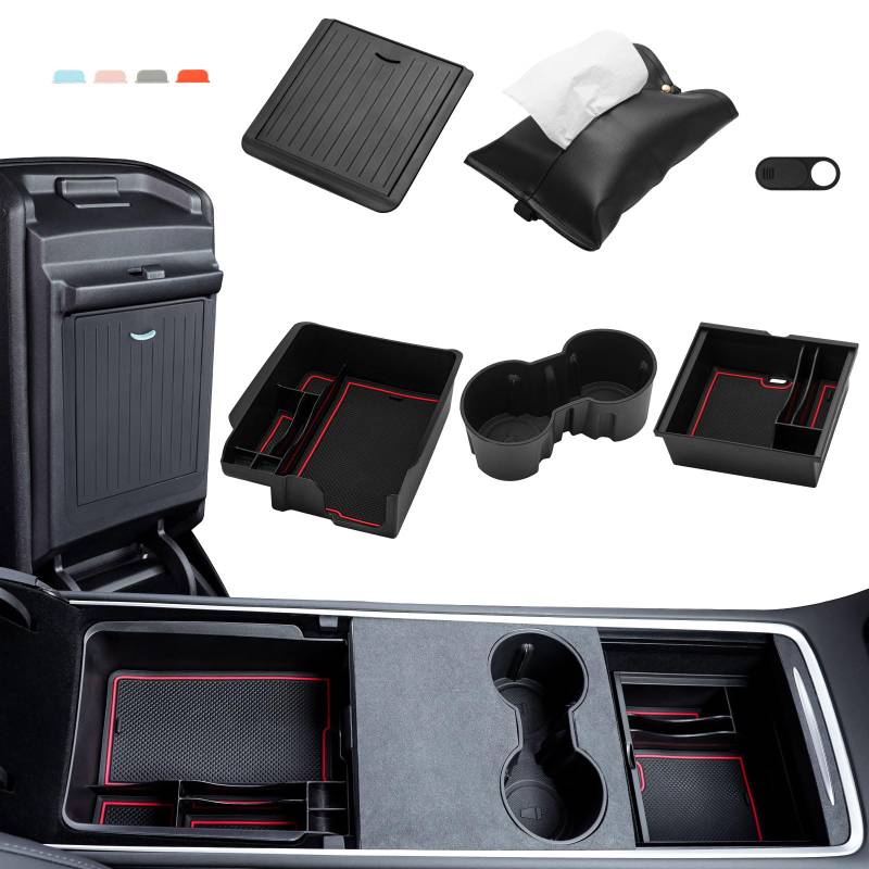 MoKo 6er-Pack Mittelkonsole Aufbewahrungsbox für Model 3 Model Y 2023 2022 2021, Versteckt Magnetisch Armlehne Organizer Tablett, Getränkehalter, Webcam-Abdeckung, Taschentuchhalter, Schwarz von MoKo