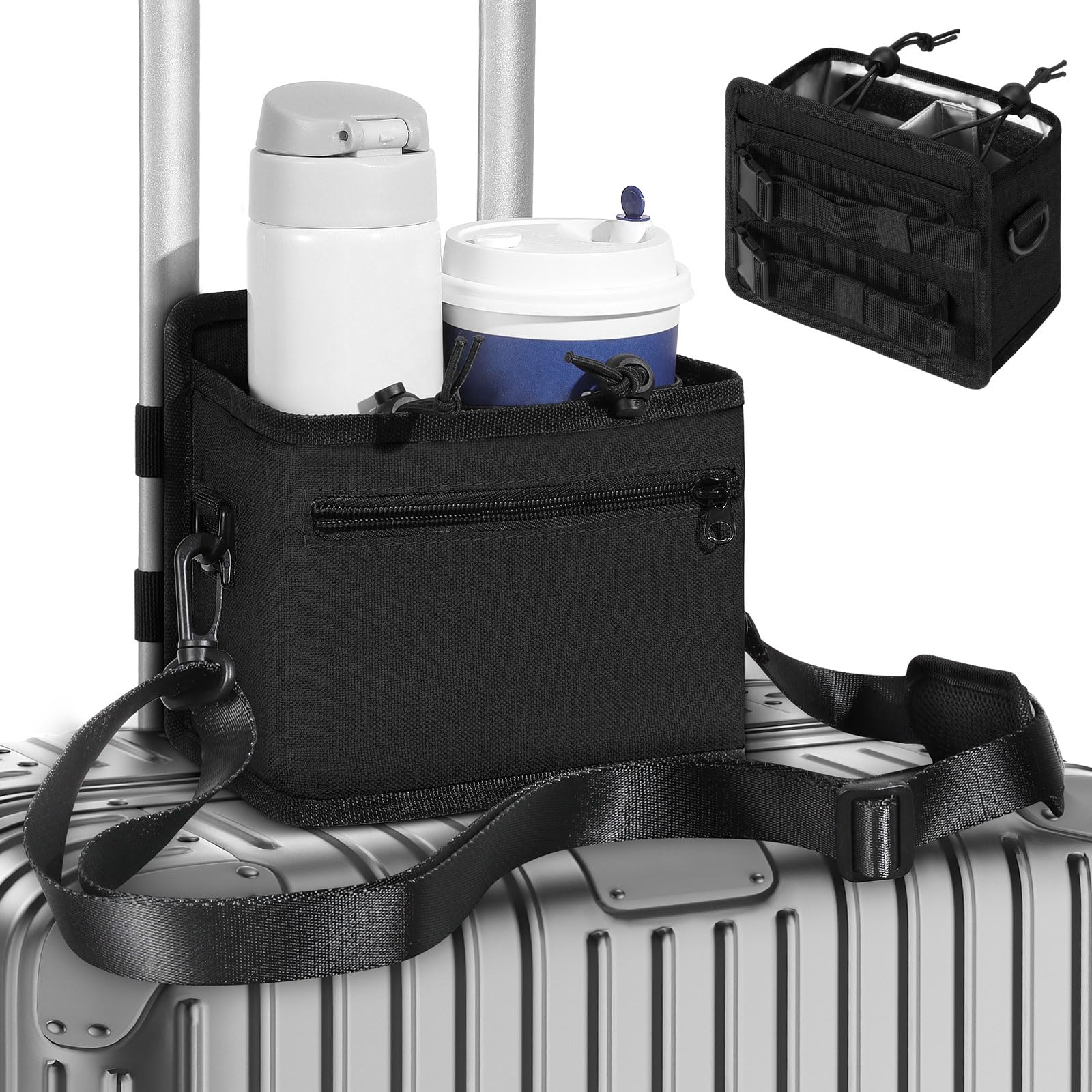 MoKo Gepäck Becherhalter, Koffer Getränkehalter mit Verstellbarer Trennwand & Schultergurt für Meisten Reisekoffer, wasserdichte Reisegepäck Flaschenhalter Tasche für Fliegen & Reisende, Schwarz von MoKo
