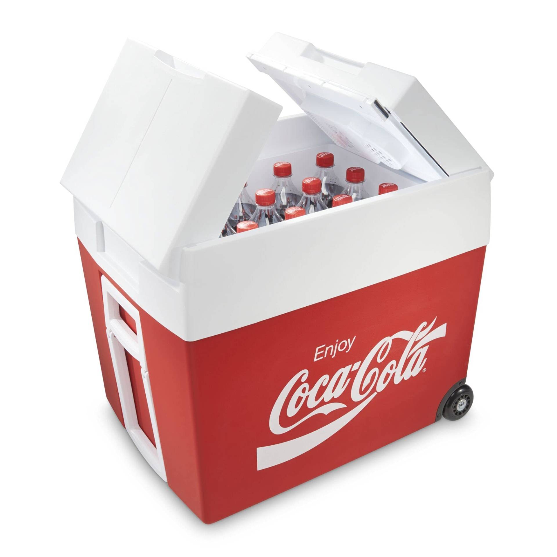 Coca-Cola MT48W Kühlbox mit Rollen passend für eine komplette Getränkekiste / Bierkiste, thermo-elektrisch, 48 Liter, 12 V und 230 V für Auto, Lkw, Boot, Wohnmobil und Steckdose von Mobicool
