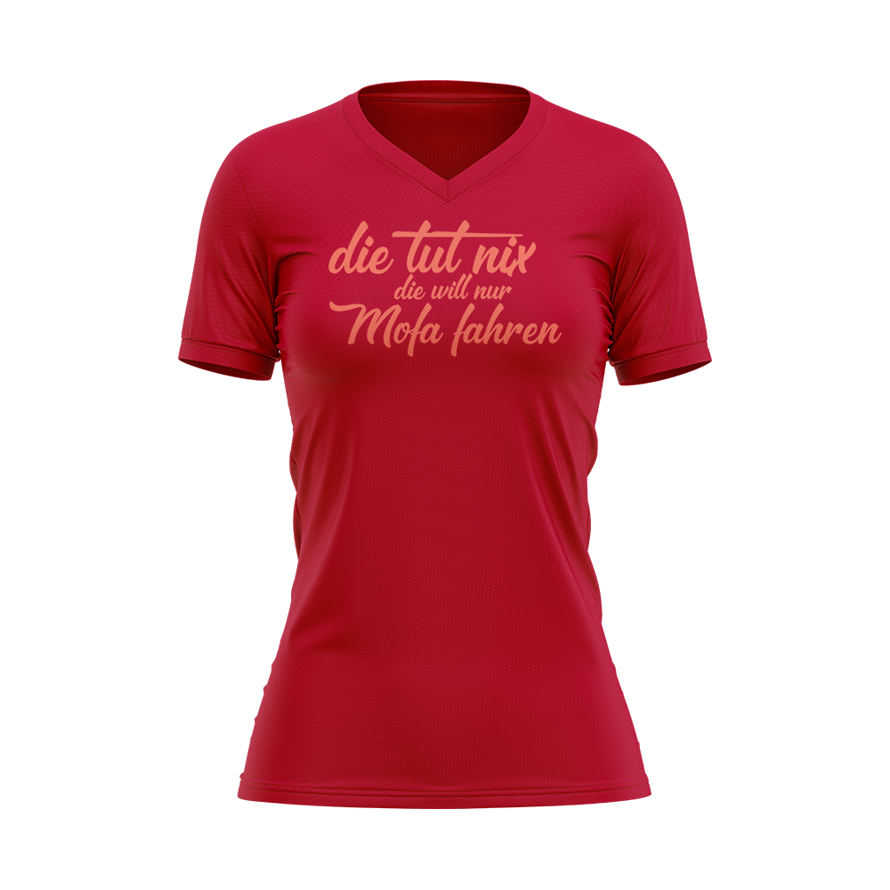 Damen T-Shirt mit Druck "Die tut nix, die will nur Mofa fahren" von Mofalegends