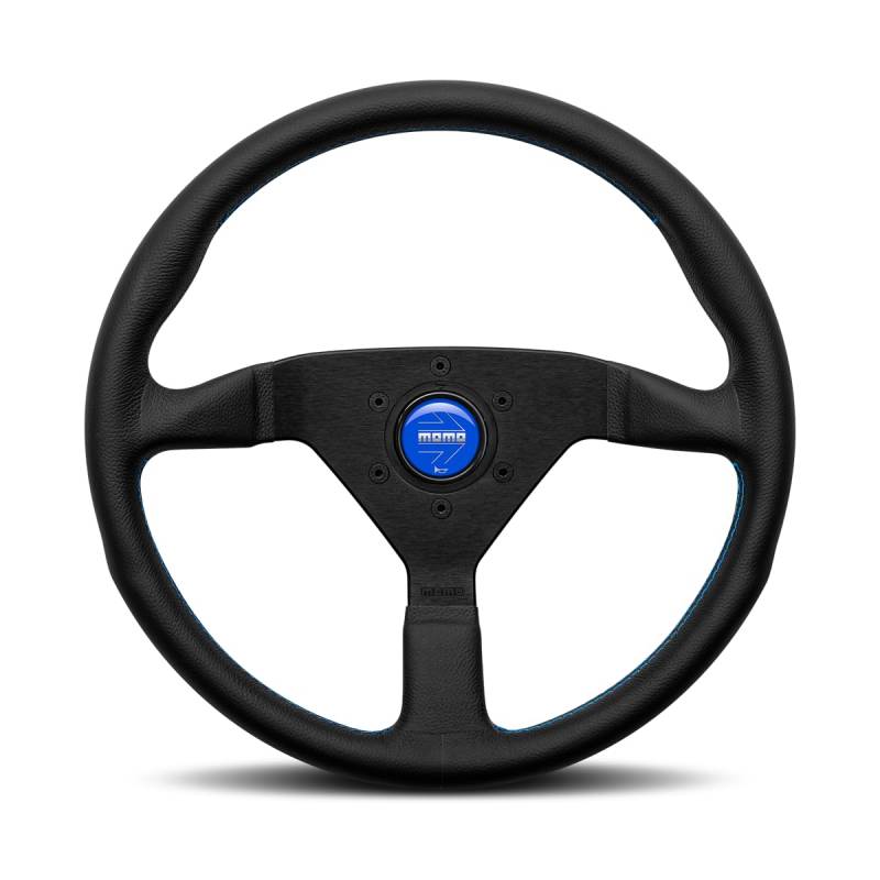 MOMO Motorsport Montecarlo Straßenlenkrad, schwarzer Ledergriff, gebürstetes schwarz eloxiertes Speichen-Finish, blaue Nähte, 350 mm von Momo