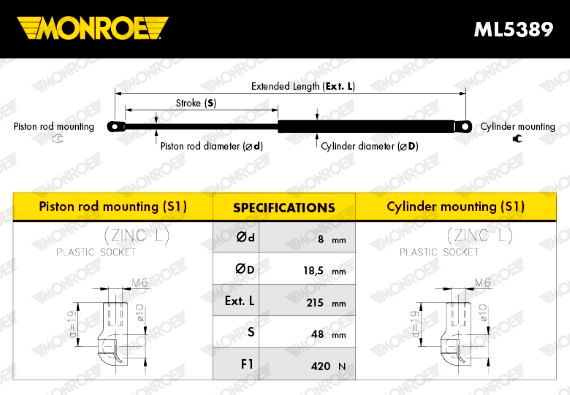 Gasfeder, Motorhaube vorne Monroe ML5389 von Monroe