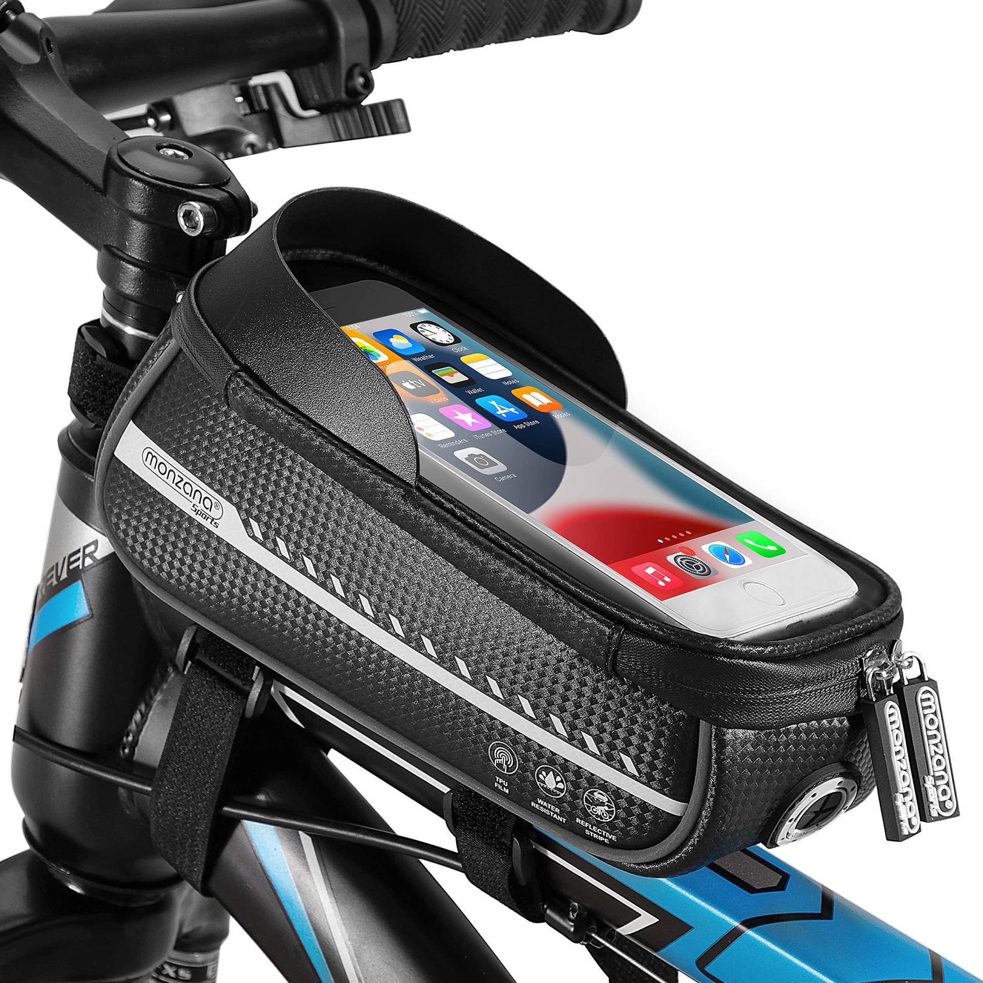 Monzana® Fahrrad Rahmentasche Wasserdicht Reflektierend Abnehmbar Sonnenblende TPU Touchscreen Handytasche bis 6,8' Oberrohr Lenker Tasche Schwarz von Monzana