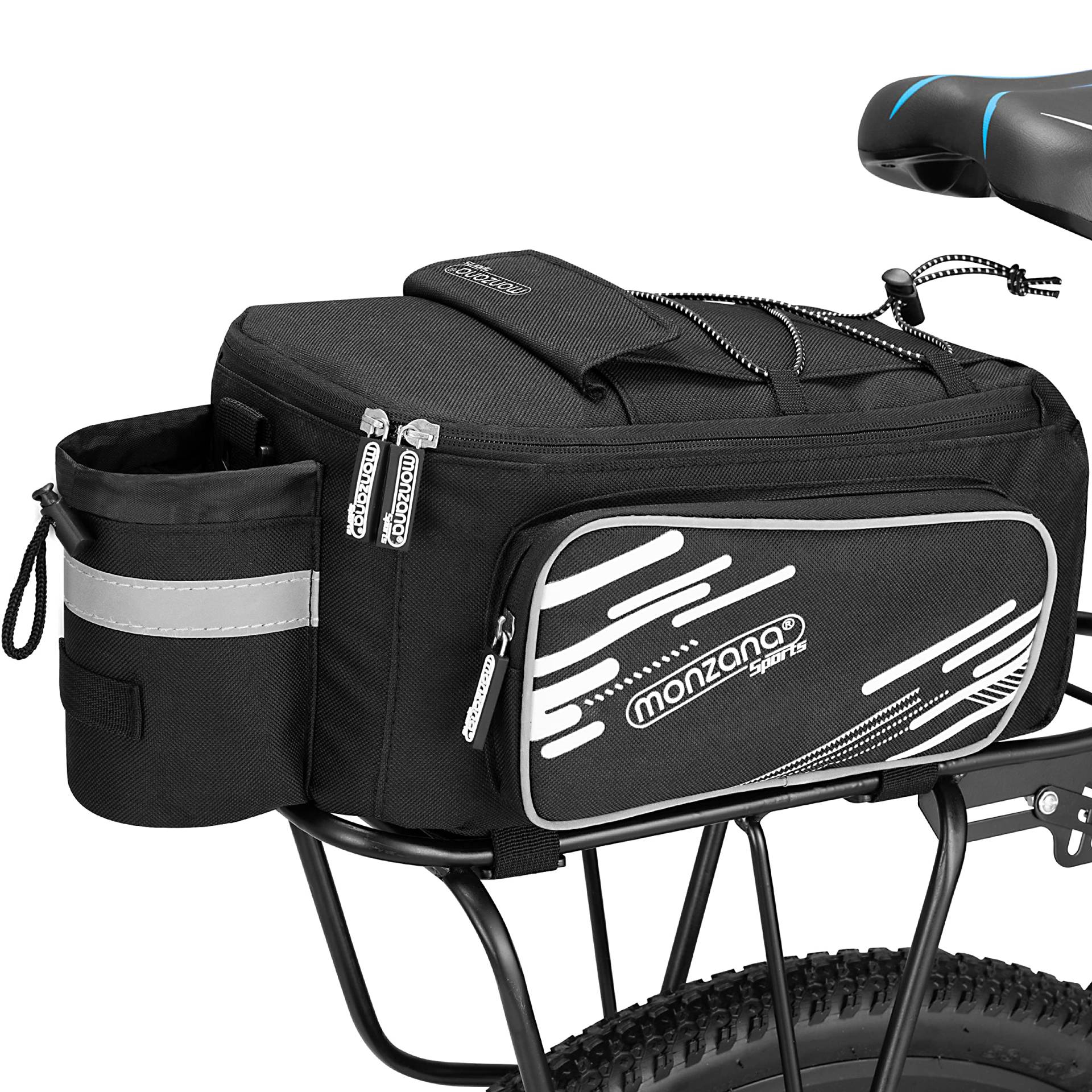 Monzana® Fahrradtasche Gepäckträger 12L Wasserfest Reflektierend Tragegurt Abnehmbar Iso Kühltasche 5 Fächer Schwarz Gepäckträgertasche Gepäcktasche von Monzana
